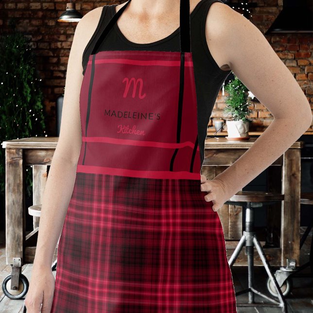 Tablier Vintage Rouge Noir Tartan Monogramme Maman Grandma (personalized apron mom grandma hostess bride gift christmas birthday red black tartan plaid family )
