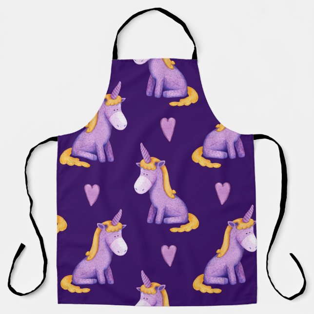 Tablier Violet Unicorns Hearts Aquarelle Motif. (Recto)