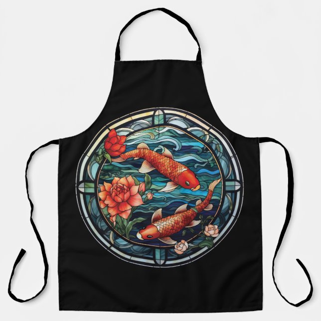 Tablier Vitrail asiatique style Koi Poisson et Camellias (Recto)
