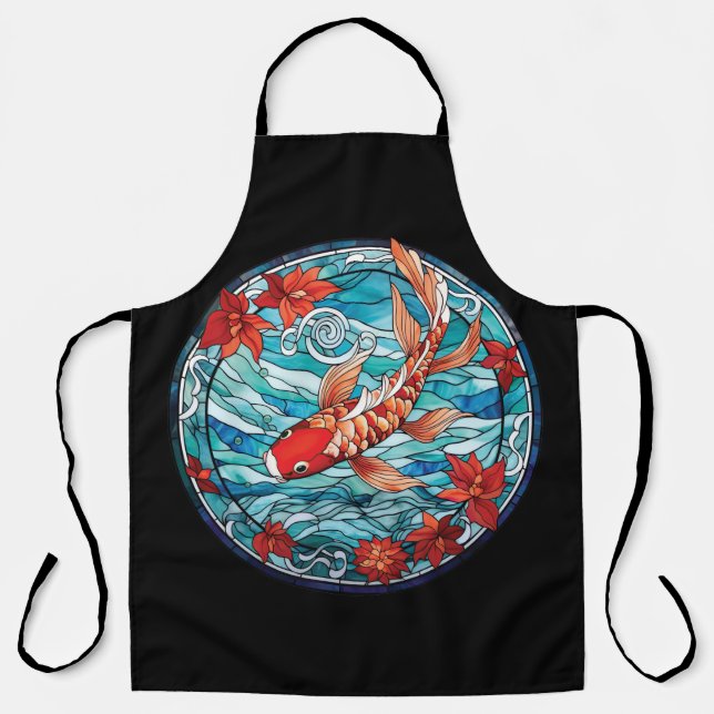 Tablier Vitrail asiatique style Koi Poisson et Camellias (Recto)