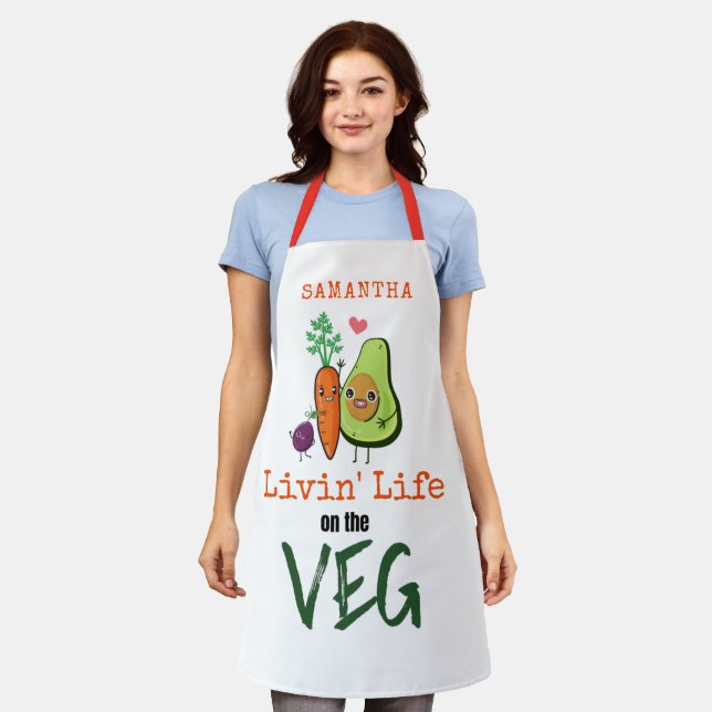 Tablier Vivre la vie sur le nom de Veg Humour végétal blan (Porté)