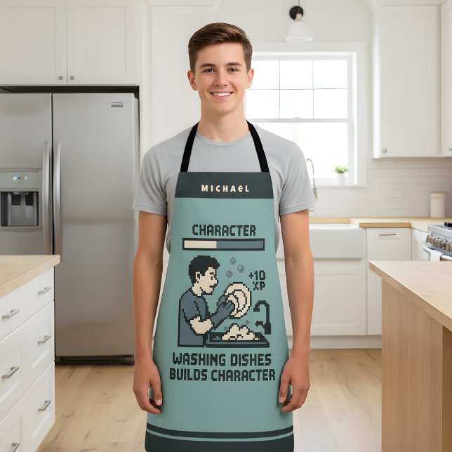 Tablier Washing Dishes Builds Character Gamer Funny (Level up your life skills with this hilarious gamer-themed apron.)