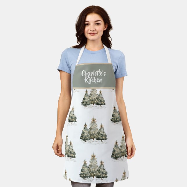 Tablier Watercolor Merry Christmas Trees | Cooking Apron (Porté)