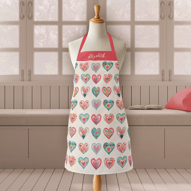 Tablier Watercolor Valentine Hearts Pattern Cooking (A cute watercolor hearts pattern valentines day apron. Personalize it with your name.)