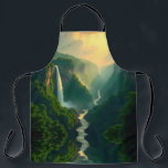 Tablier Waterfall Valley Apron<br><div class="desc">This apron features a breathtaking scenic design of a lush green valley framed by forested cliffs. A majestic waterfall cascades into a winding river, while golden light from sunrise or sunset illuminates the sky, creating a serene and picturesque atmosphere. The artwork blends natural beauty with artistic detail, making this apron...</div>