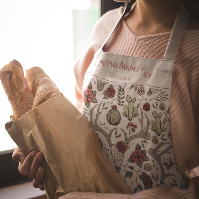 Tablier Western Reindeer Ranch Christmas Baking Crew (Christmas Baking Crew Personalized Xmas Apron. Hand-Drawn Western Pattern. Reindeer Antlers & Cactus)