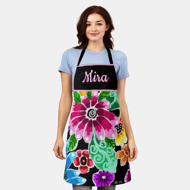 Tablier Whimsical Folk-Art Flowers Floral Personalized (Porté)