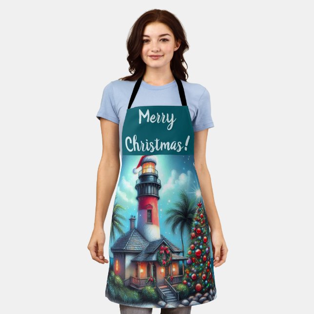 Tablier Whimsical Tropical Christmas Lighthouse Turquoise  (Porté)