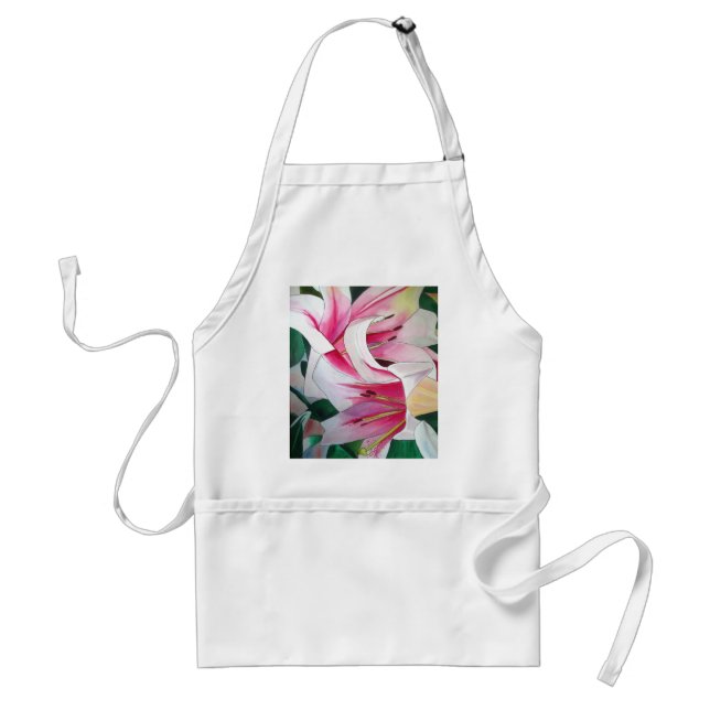 Tablier White and Pink Lily flower watercolor original (Devant)