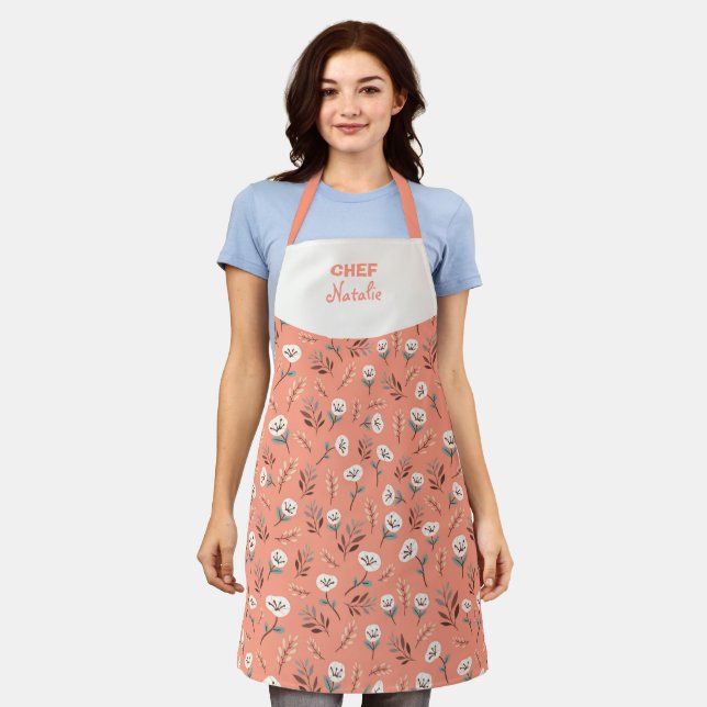 Tablier White Poppies Custom Name Apron (Porté)