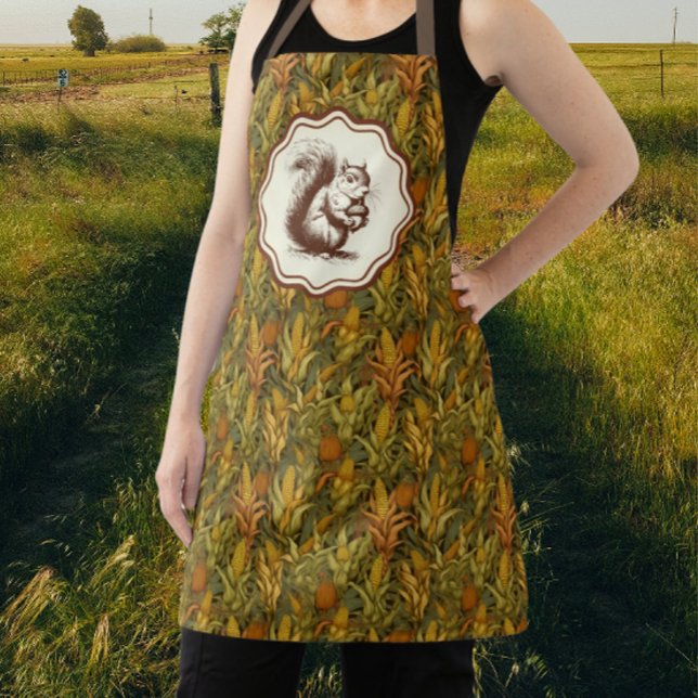 Tablier William Morris Automne Maïs Écureuil Rétro  (Fun squirrel and corn apron!)