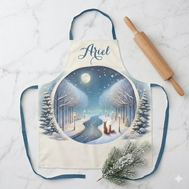 Tablier Winter Foxes by Moonlit Snowy River (Winter Foxes by Moonlit Snowy River Apron)