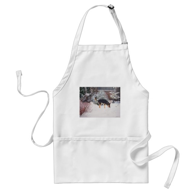 Tablier Winter snow scene with cute black and tan dog (Devant)