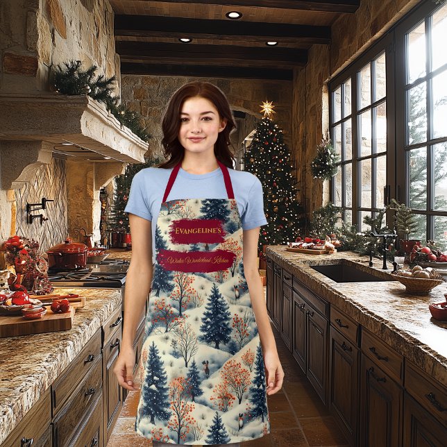 Tablier Wonderland d'hiver avec paysage neigeux et pin (Créateur téléchargé)