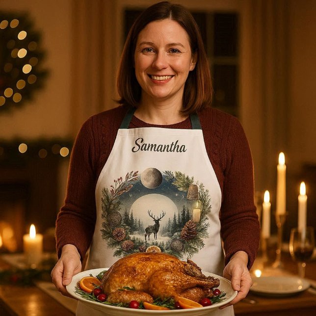 Tablier Woodland  Wreath with Deer Moon  (Winter solstice nature inspired holiday apron for  yule and more )