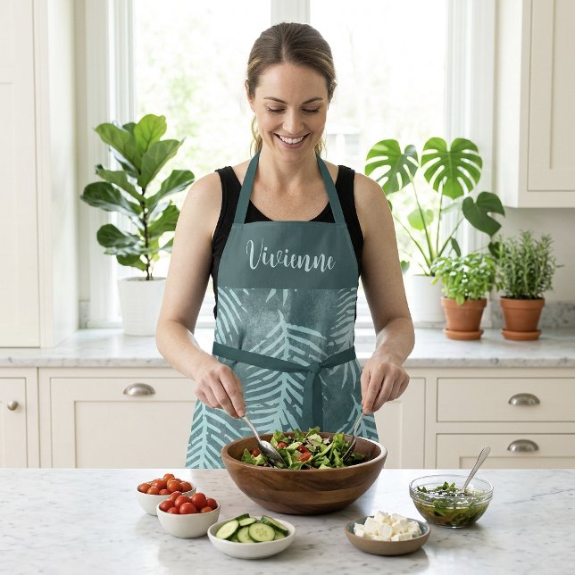 Tabliers à feuilles tropicales Boho sarcelle avec  (Teal Boho Tropical Leaf Apron Custom Name Monogram)