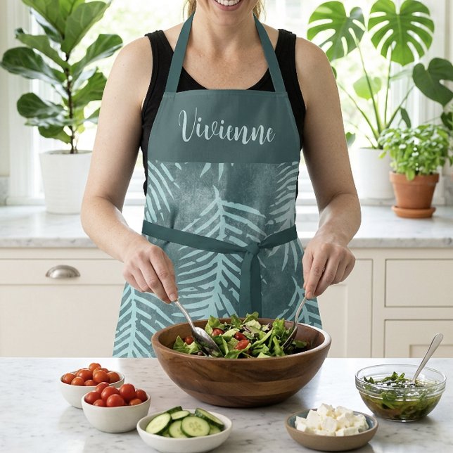 Tabliers à feuilles tropicales Boho sarcelle avec  (Teal Boho Tropical Leaf Apron Custom Name Monogram)