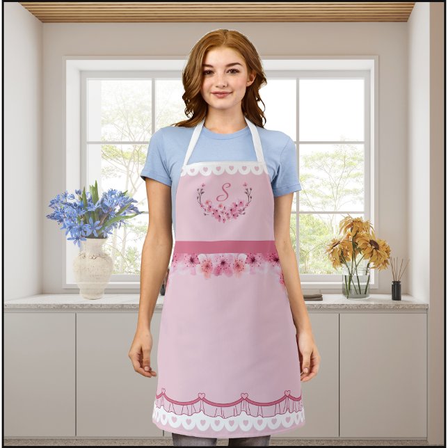 Tabliers à monogramme à fleurs de cerisier roses (Pink Cherry Blossom Monogram Apron)