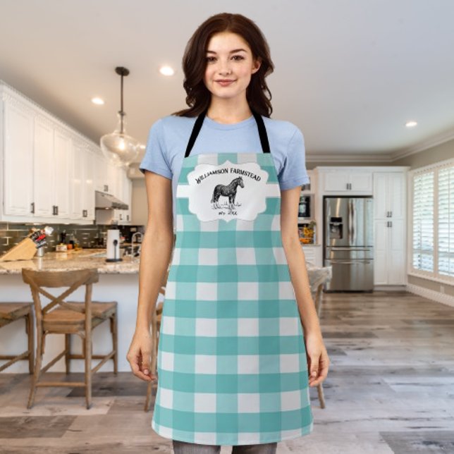 Tabliers de cheval de ferme à carreaux de buffle s (Teal Buffalo Plaid Farm Horse Personalized Apron)