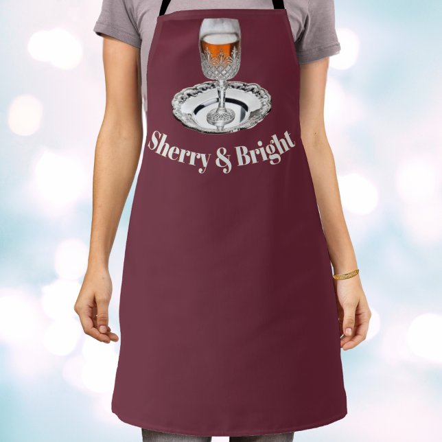 Tabliers de cuisine amusants Sherry & Bright pour  (A burgundy Christmas apron with funny 'Sherry and Bright' pun and picture of a glass of sherry)