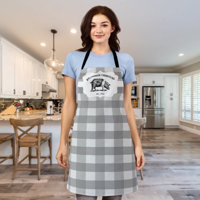 Tabliers de ferme à carreaux gris buffle pour porc (Gray Buffalo Plaid Farm Pig Personalized Apron)