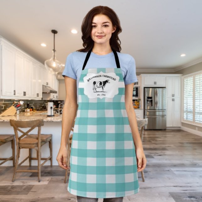 Tabliers de ferme à carreaux sarcelle et buffle de (Teal Buffalo Plaid Farm Cow Personalized Apron)