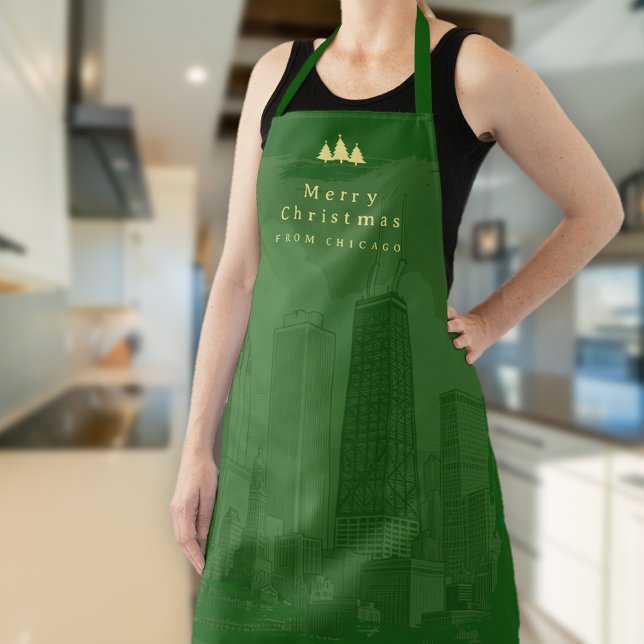 Tabliers de Noël à motif Chicago vert et or (Chicago Christmas All-Over Print Apron)