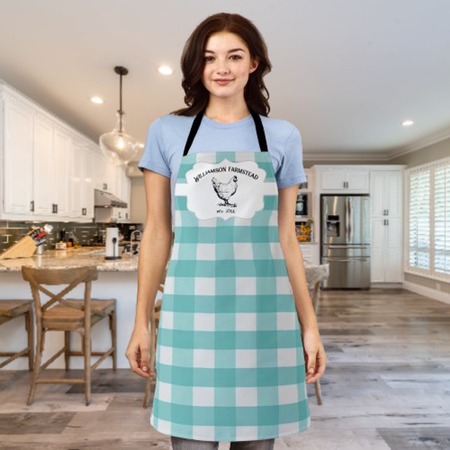 Tabliers de poulet de ferme à carreaux sarcelle (Teal Buffalo Plaid Farm Chicken Personalized Apron)