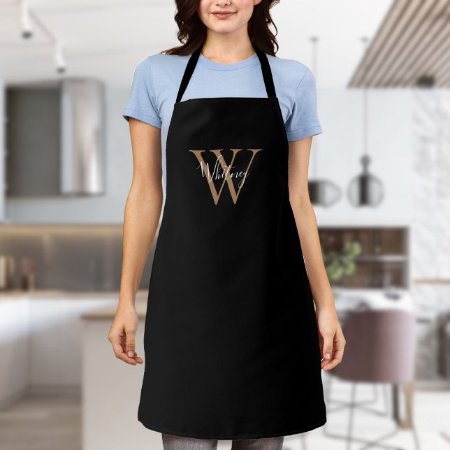 Tabliers élégants à monogramme noir et or à initia (Elegant Script Initial Black Gold Monogram Apron)