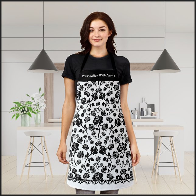 Tabliers Floral Élégant Noir et Blanc Rose (Timeless Black and White Rose Apron)