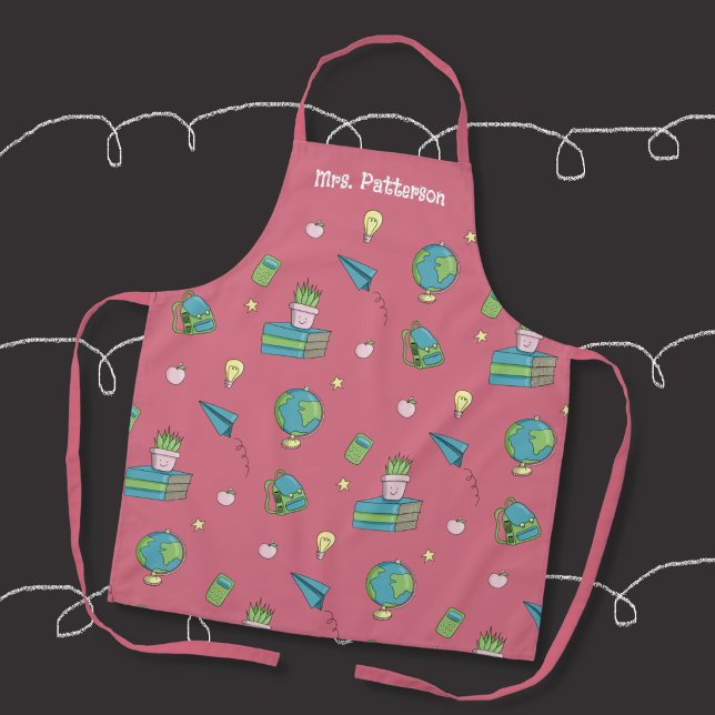 Tabliers roses pour enseignants motif doodle de re (Cute personalized teacher apron with a doodle pattern . 
)
