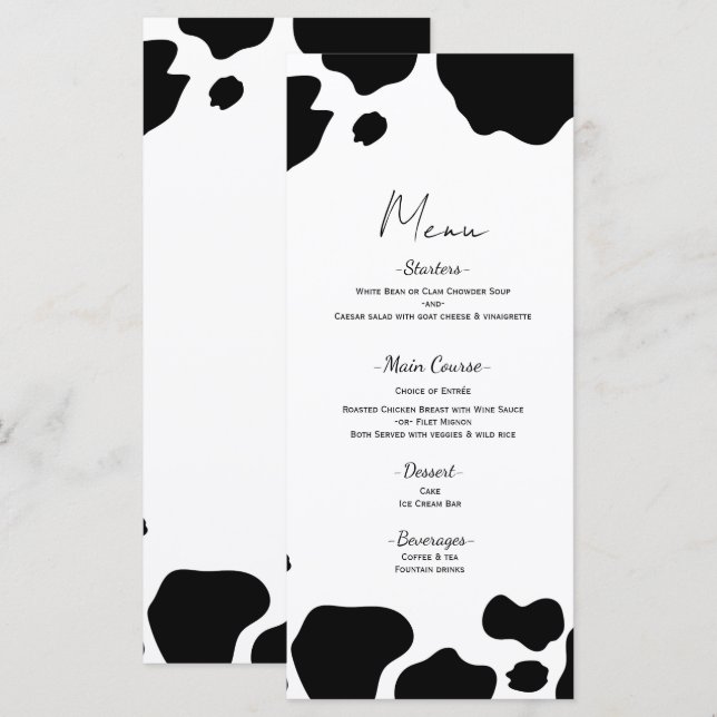 Taches de Vache Moo Impression Menu Mariage Noir B (Devant / Derrière)