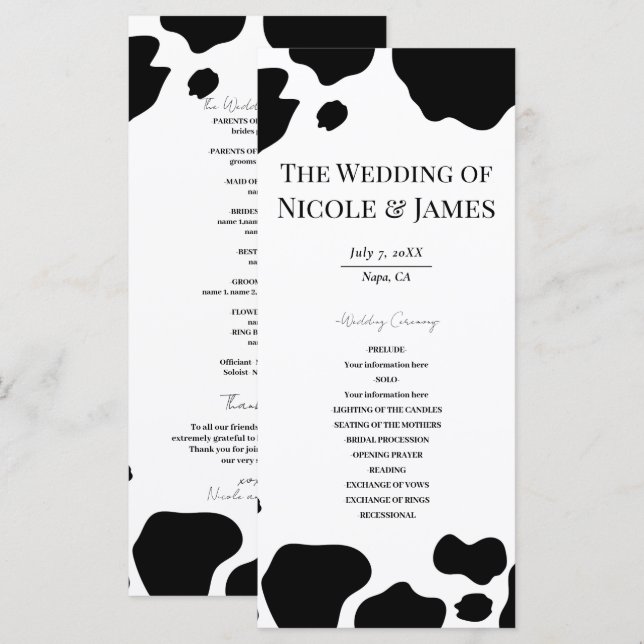 Taches de vache Moo programme de mariage noir et b (Devant / Derrière)