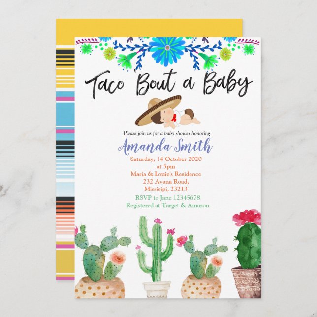 Taco Bout A Baby cactus baby shower Invitation gar (Devant / Derrière)