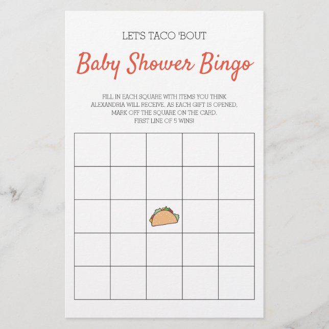 Taco Bout Baby shower Bingo Jeu (Devant)