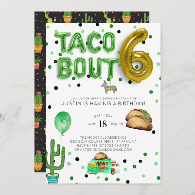 Taco Bout Six | Invitation du sixième anniversaire (Devant / Derrière)