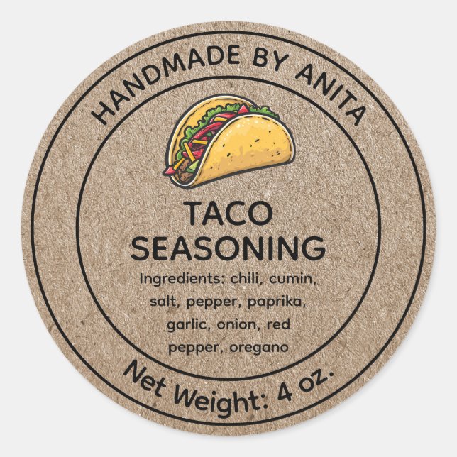 Taco Seasoning Blend Jar Étiquette Kraft Style pap (Devant)
