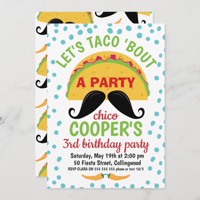 Taco''s about A Party Birthday Invitation Boy (Devant / Derrière)