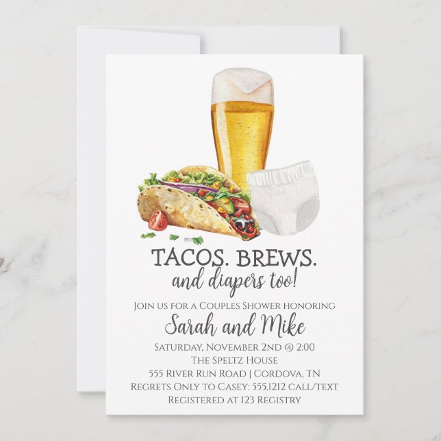 Tacos Brews and Diapers Baby shower Invitation (Devant)