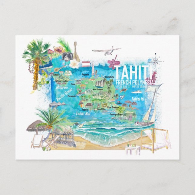 Tahiti Carte de voyage illustrée avec routes (Devant)