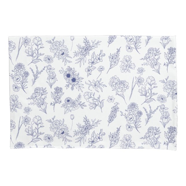Taie d'oreiller florale bleue et blanche (devant-gauche)