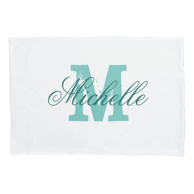Taie d'oreiller monogramme personnalisée turquoise (devant)