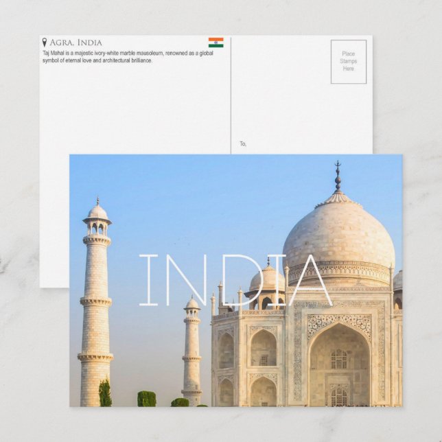 Taj Mahal, carte postale de voyage en Inde (Devant / Derrière)
