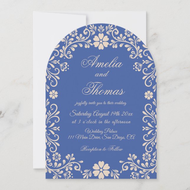 Talavera Blue Floral Vintage Wedding Invitation (Devant)