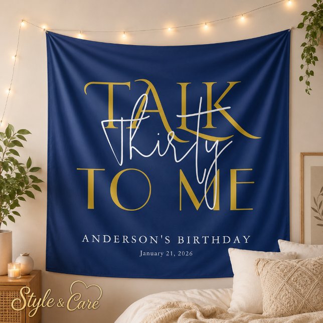 Talk To Me Thirty Anniversaire Trente Ans Tenture  (Talk To Me Thirty Birthday Celebration Wall Navy Tapestry)