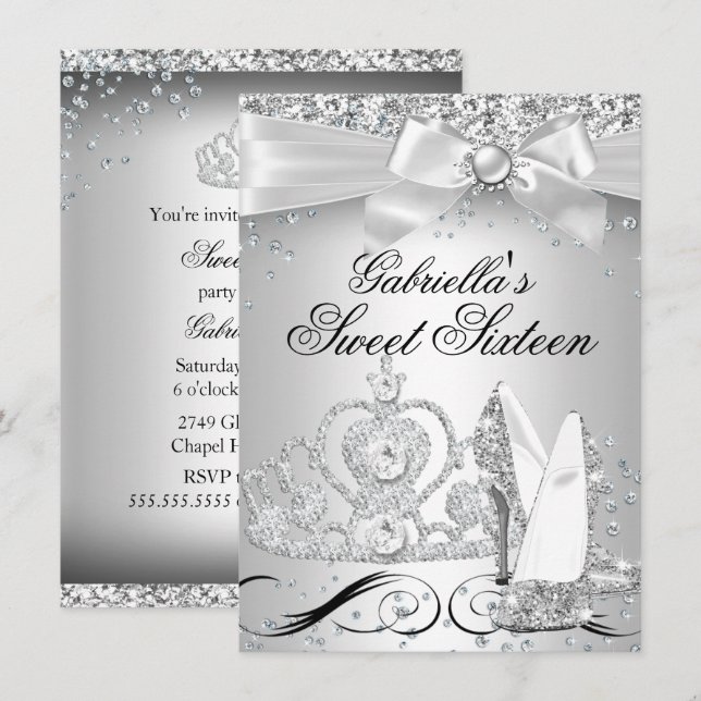 Talons Couronne Étincelante Argent Invitation Swee (Devant / Derrière)