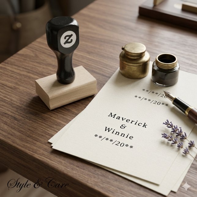 Tampon à manche en bois avec nom du couple et date (Wood Handle Stamp with Couple’s Name and Date)