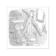 さなさにじ  薄暗い水色の下り階段を手すりを持ってゆっくり歩いているワンピースの女性のイラスト