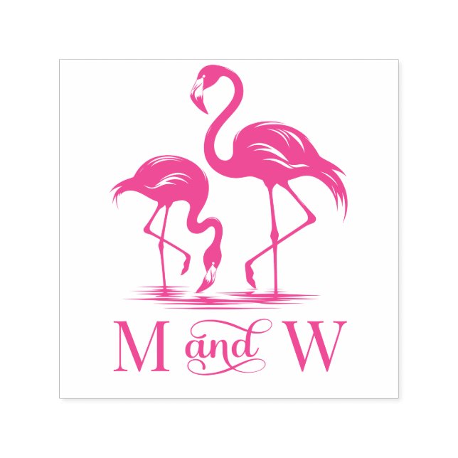 Tampon Auto-encreur 2 Flamants roses Couple Mariage 2 Monogramme initi (Design)