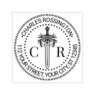 Tampon Auto-encreur 2 Monogramme initial Épée florale #4 Nom Adresse